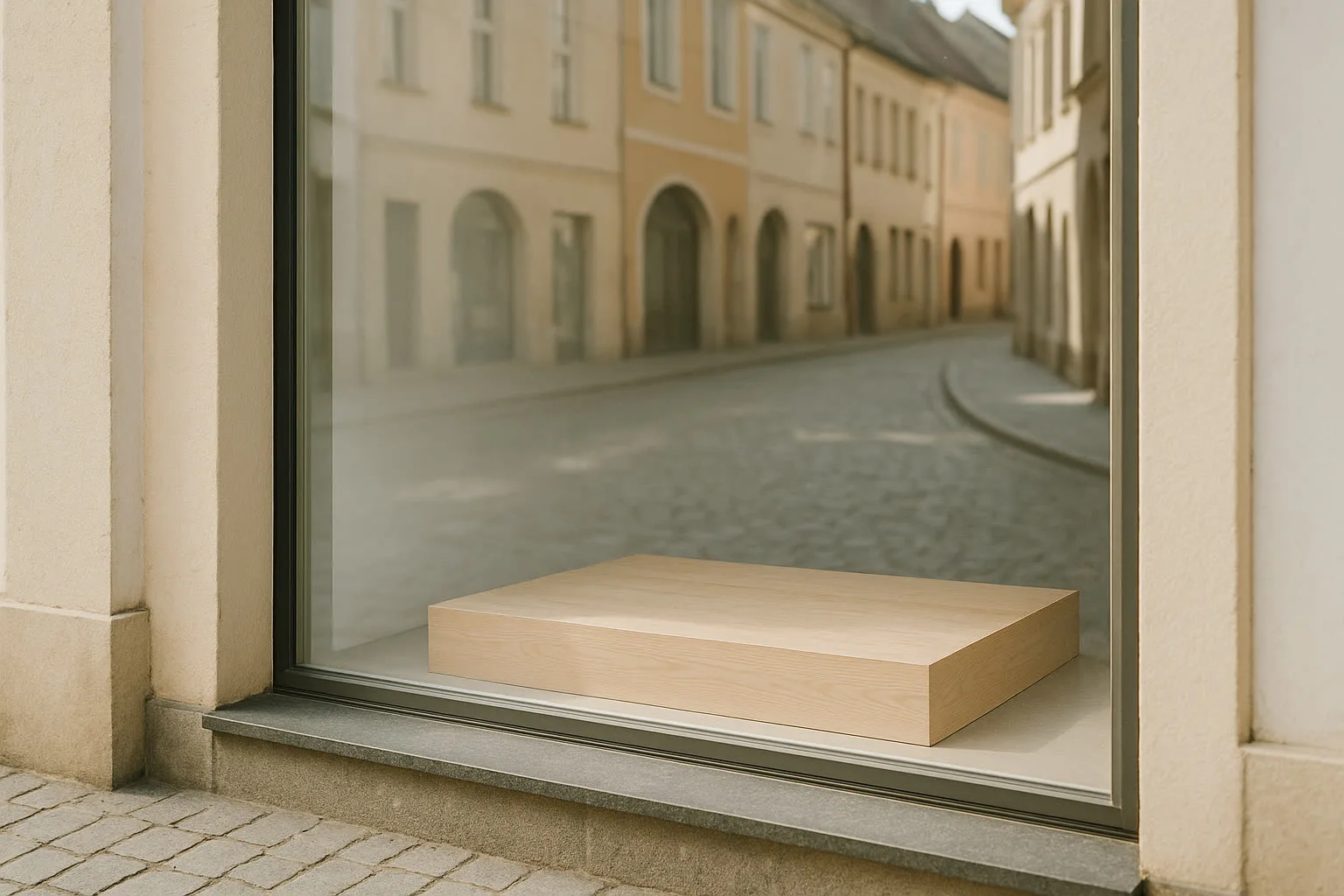 Leeres Schaufenster eines kleinen Ladens in einer Fussgaengerzone bei Morgenlicht