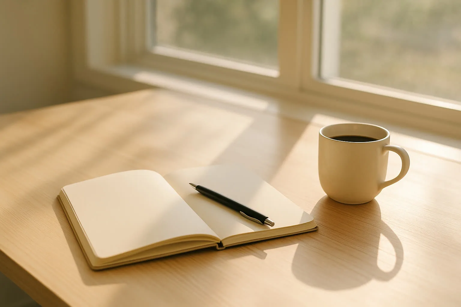 Aufgeschlagenes leeres Notizbuch mit Stift auf einem Holztisch im Morgenlicht